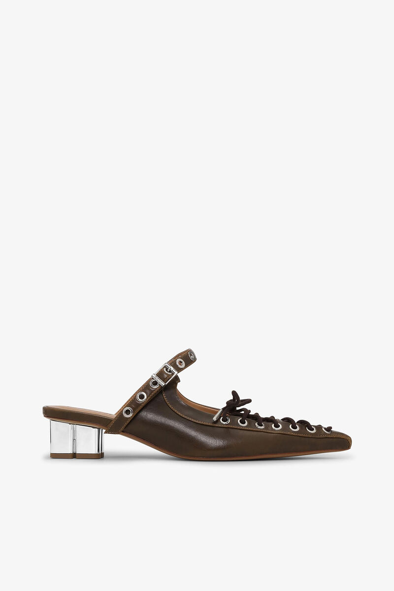 Lace-Up Mules in Dark-Olive Oleatex, Polyurethane, in colour Dark Olive - 1 - GANNI