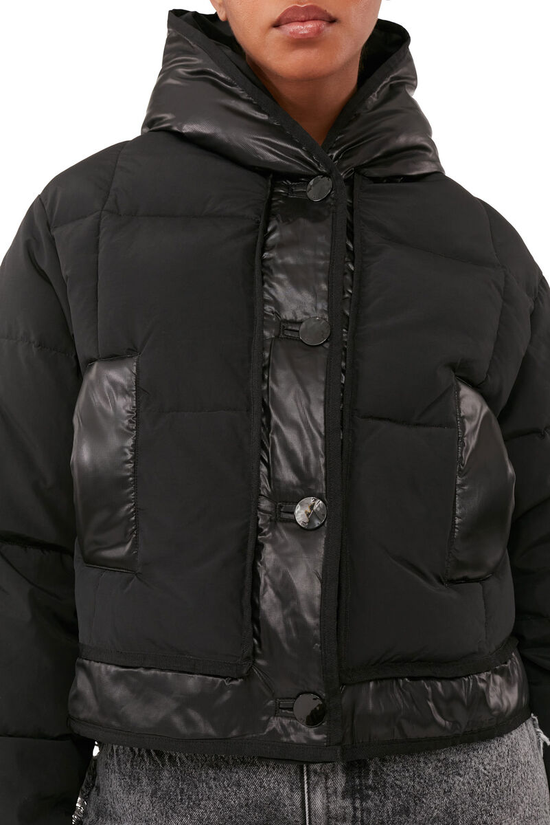 Black Short Hooded Puffer Jacket, LENZING™ ECOVERO™, in colour Black - 5 - GANNI