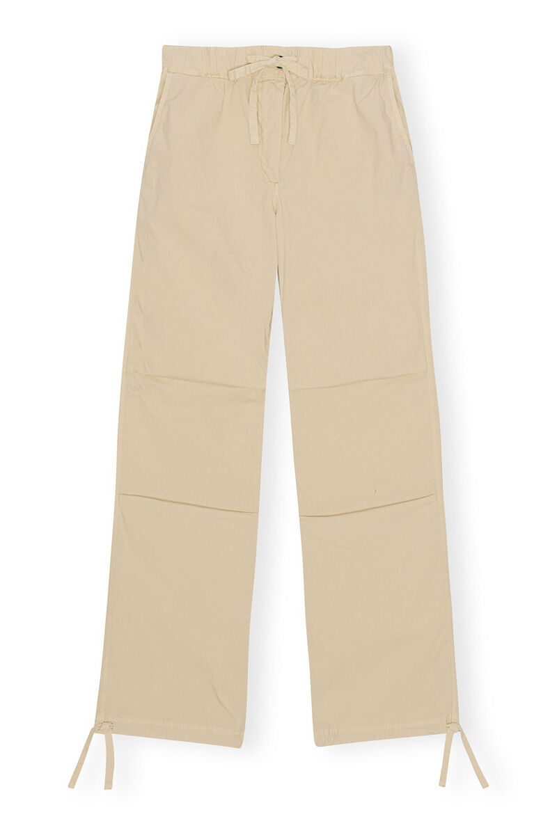 Washed Cotton Canvas Draw String Trousers, Elastane, in colour Pale Khaki - 1 - GANNI
