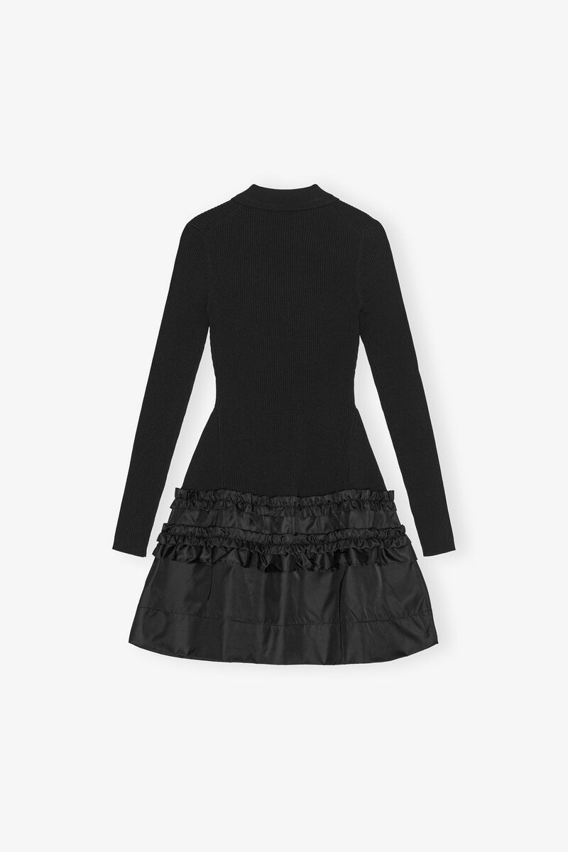 Mini Dress in Rib Knit Ruffle, Viscose, in colour Black - 2 - GANNI