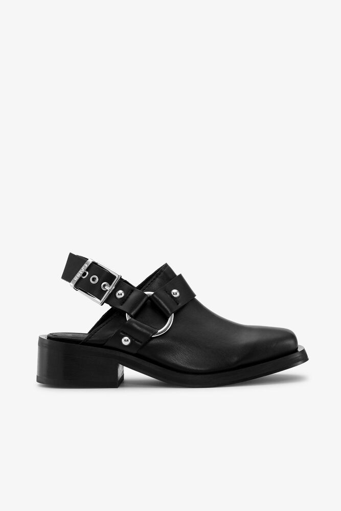 Black Slingback Biker Mules, Black