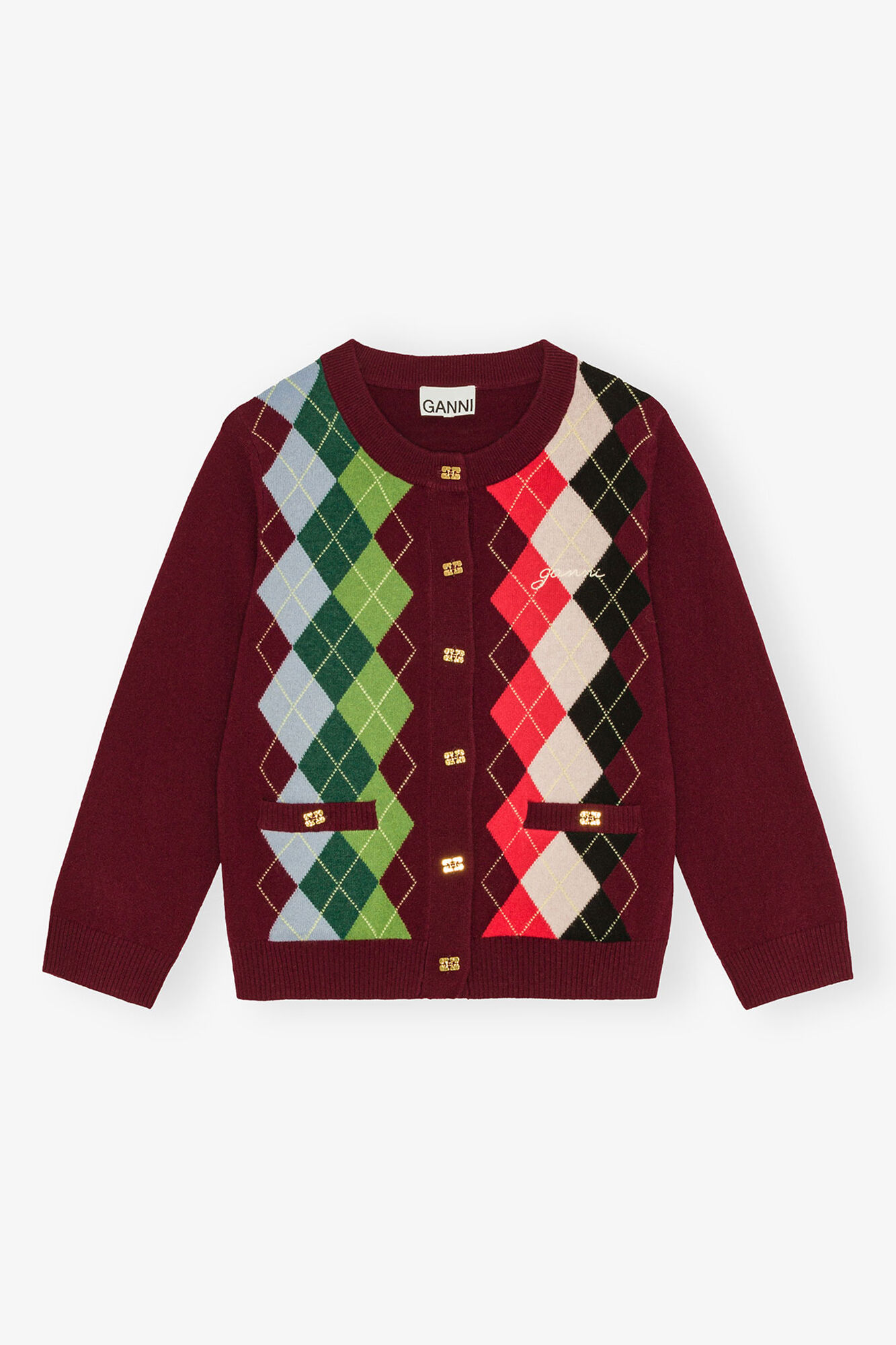 Burgundy Check Cardigan, Merino Wool, in colour Tawny Port - 1 - GANNI