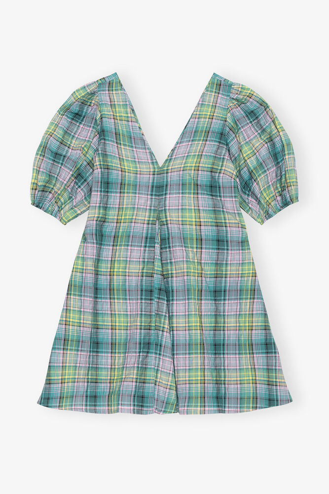 Seersucker Check V-Neck Mini Dress, Lagoon