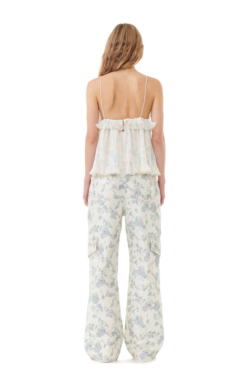 Floral Printed Pleated Georgette Strap-topp, Recycled Polyester, in colour Tofu - 4 - GANNI