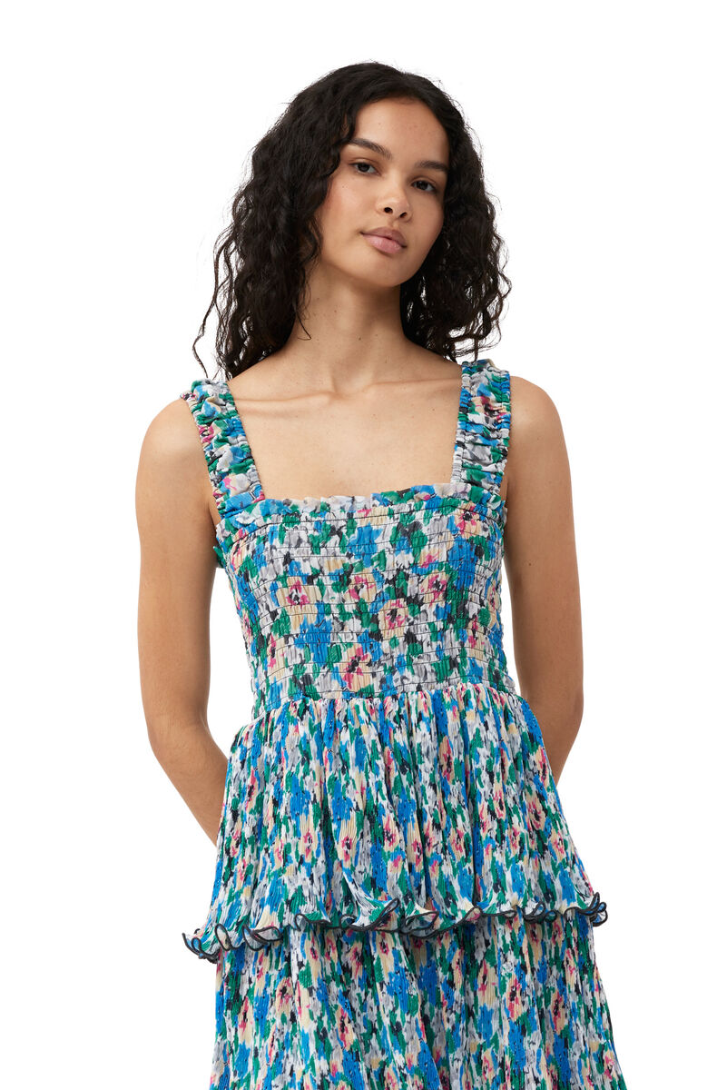 Pleated Georgette Smock Midi Dress, Recycled Polyester, in colour Floral Azure Blue - 4 - GANNI