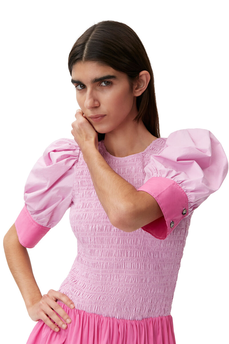 Rynkad miniklänning i poplin, Cotton, in colour Phlox Pink - 4 - GANNI