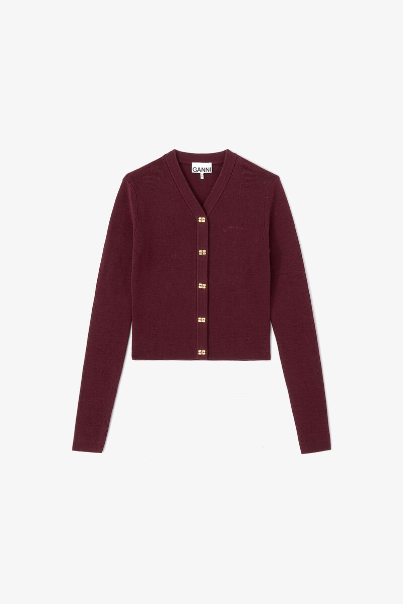 Ribbed V-Neck Cardigan, Wool, in colour Red Dahlia - 1 - GANNI