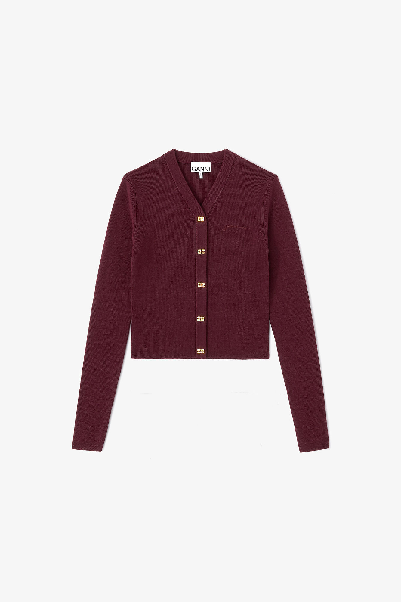 Ribbed V-Neck Cardigan, Wool, in colour Red Dahlia - 1 - GANNI