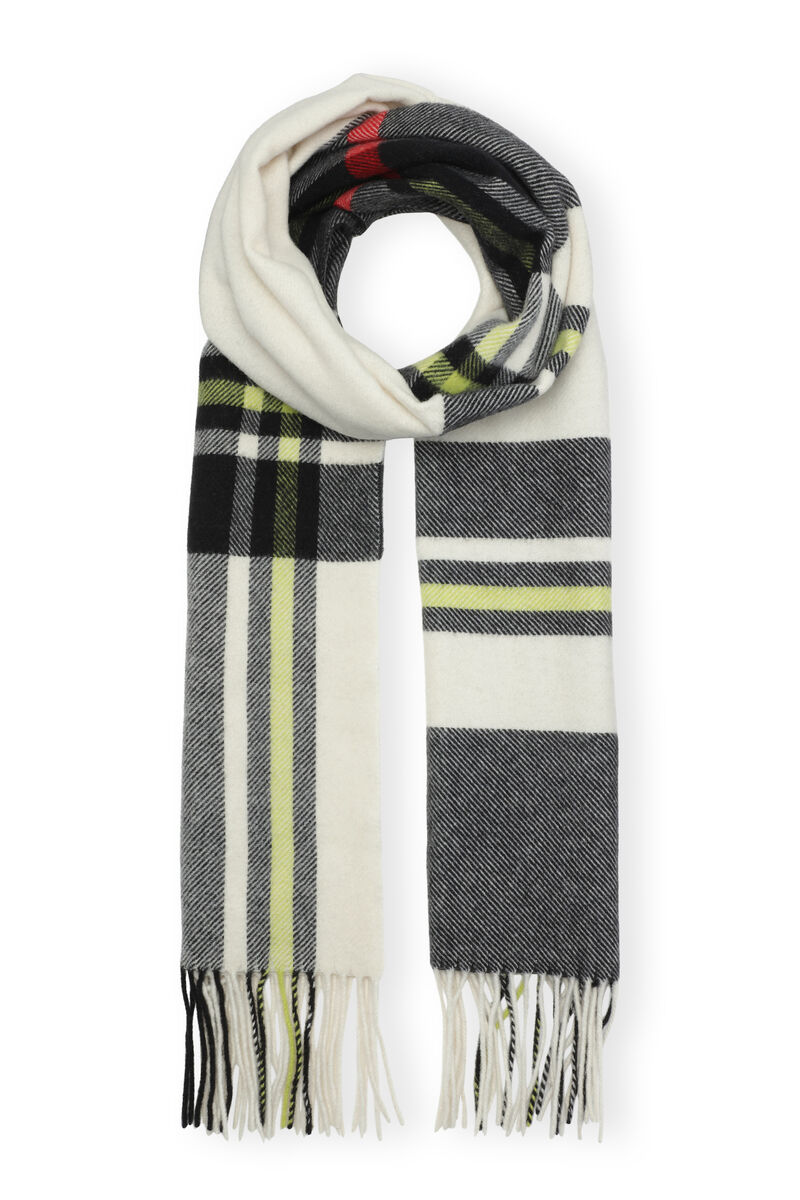 Wool Scarf, Recycled Wool, in colour Check Egret - 1 - GANNI