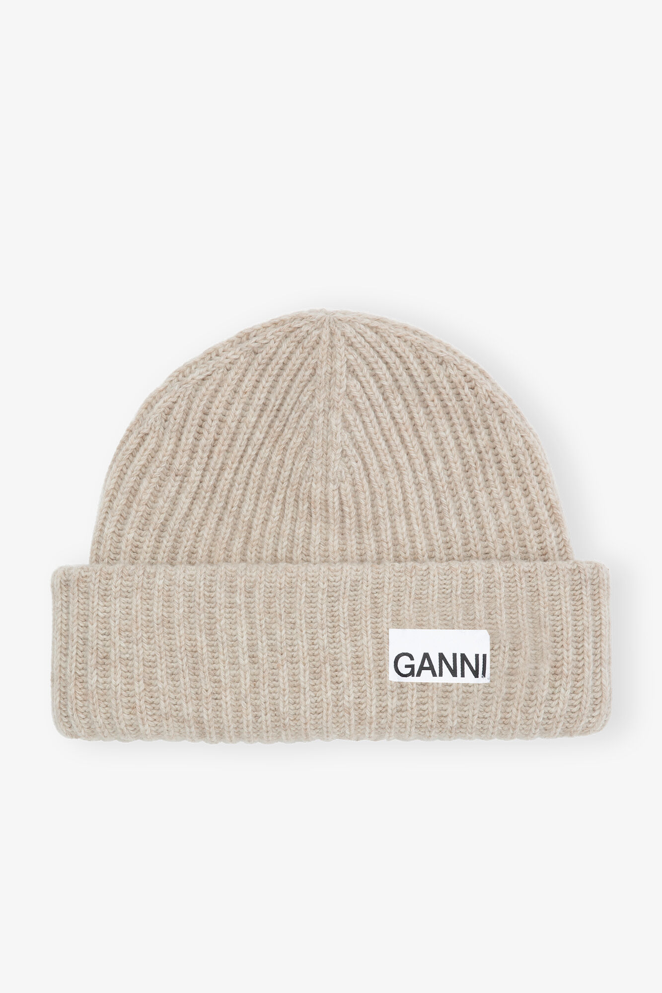Oversized Wool Rib Knit Beanie, Recycled Polyamide, in colour Brazilian Sand - 1 - GANNI