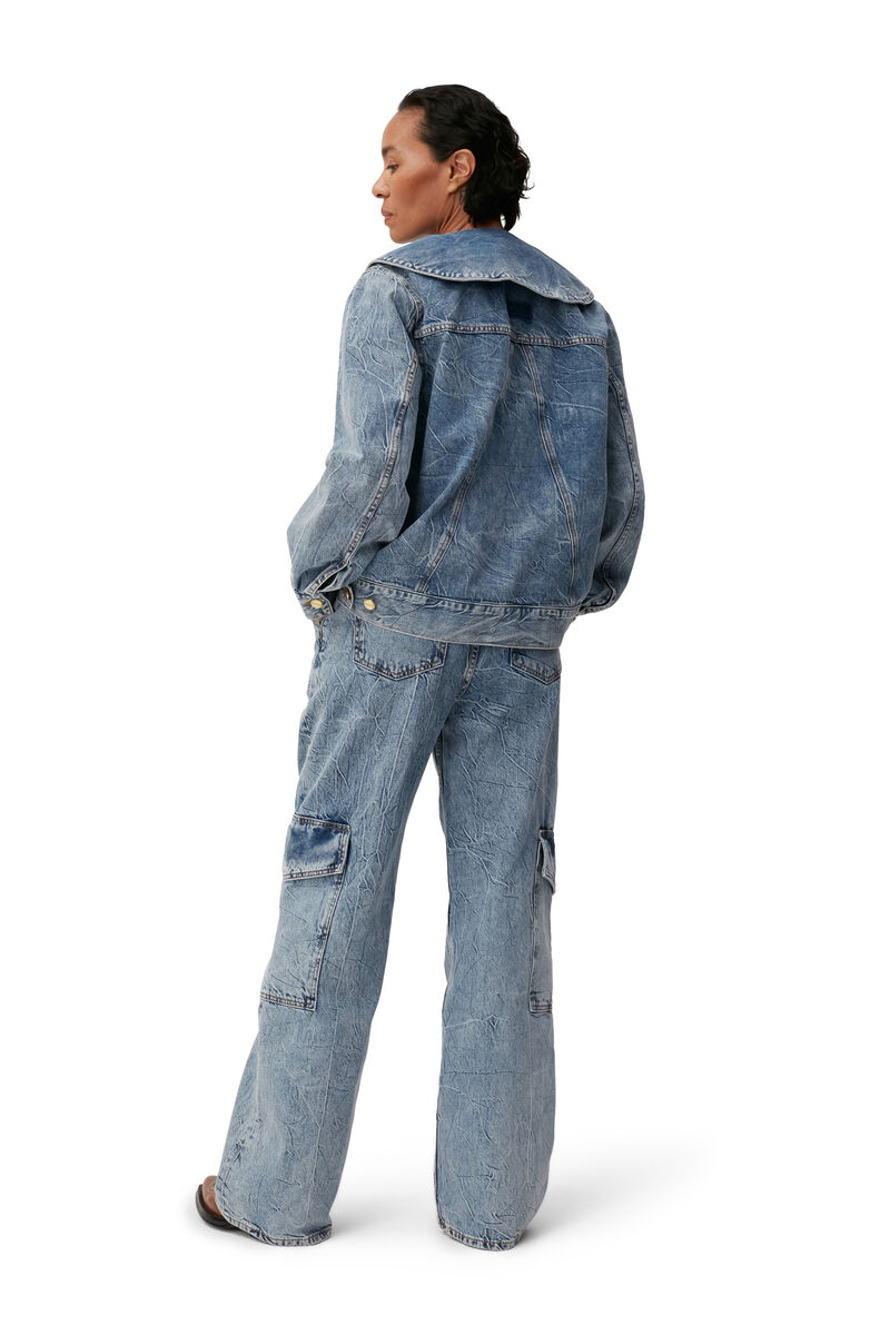 Oversized Crinkle Denim Jacket, Cotton, in colour Mid Blue Stone - 2 - GANNI