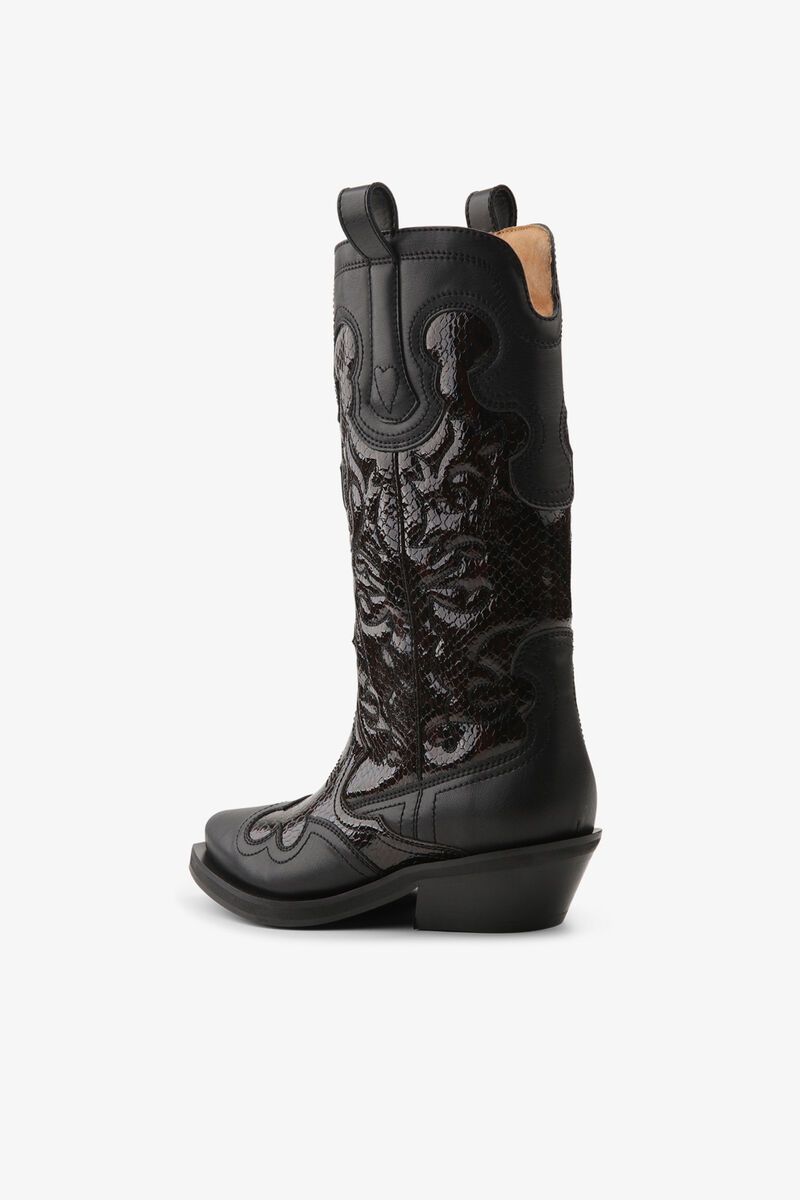 Mid Shaft Embroidered Western Boots in Burgundy, Recycled Leather, in colour Black/Dark Burgundy - 3 - GANNI