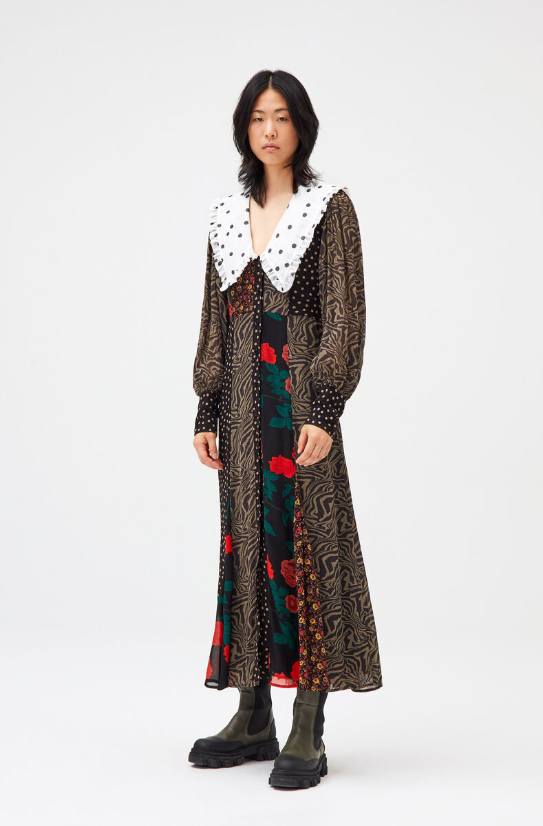 Midi-kjole af georgette med patchwork og krave, in colour Multicolour - 1 - GANNI