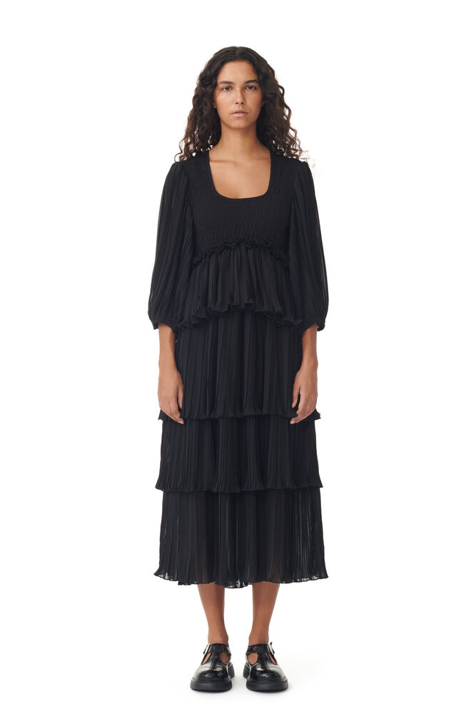 가니 플리츠 원피스 GANNI Black Pleated Georgette Flounce Smock Midi Dress