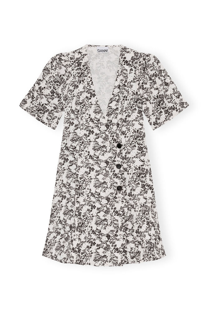 Floral Viscose Twill Wrap Mini Dress, Egret