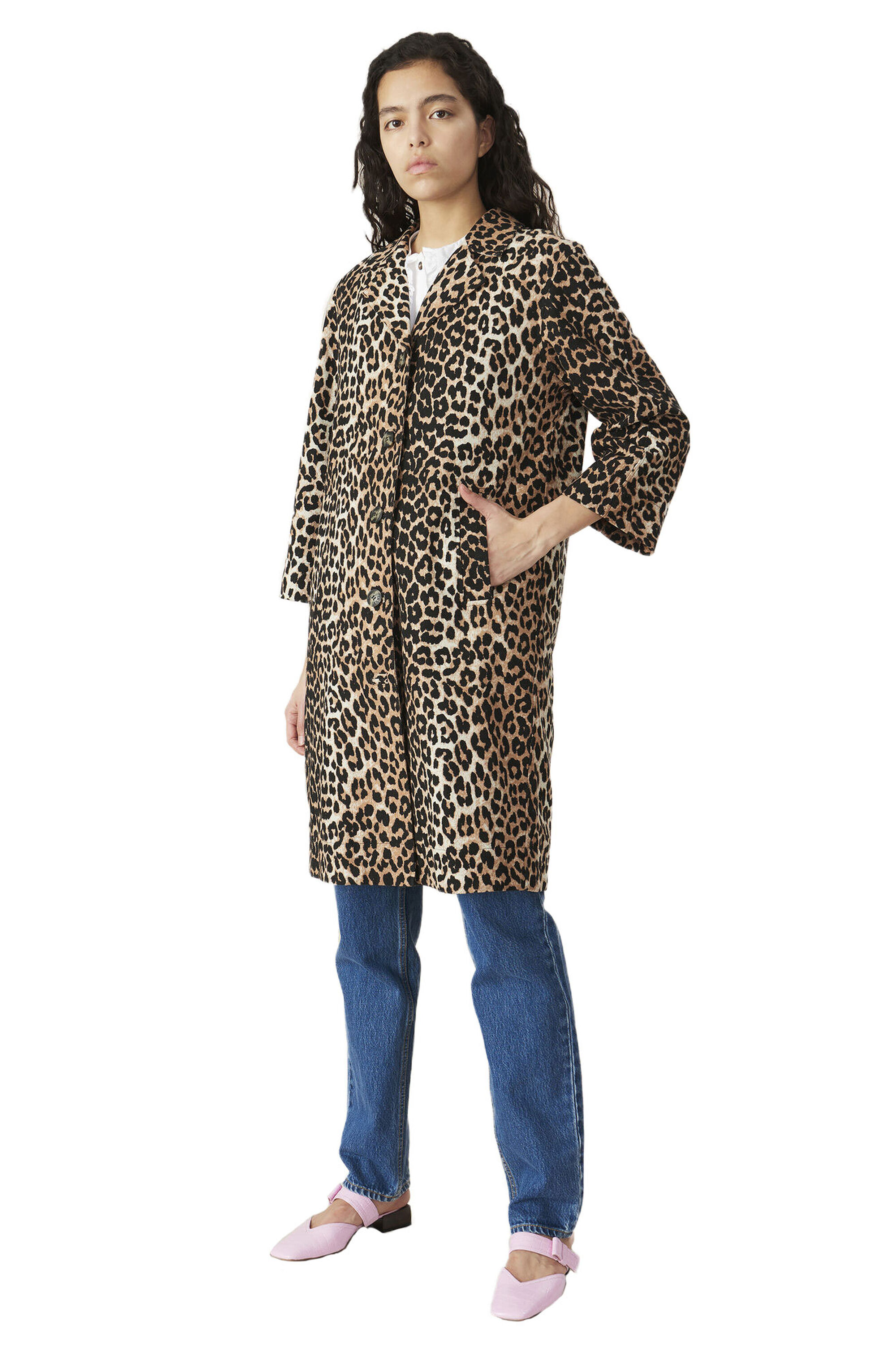 Leopard Linen Canvas Coat Ganni De