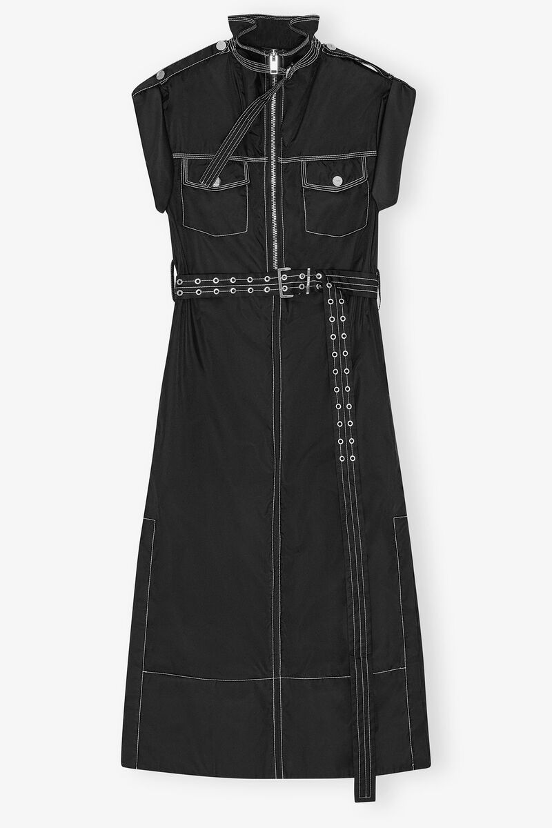Black Stretch Cotton Dress, Polyurethane, in colour Black - 1 - GANNI
