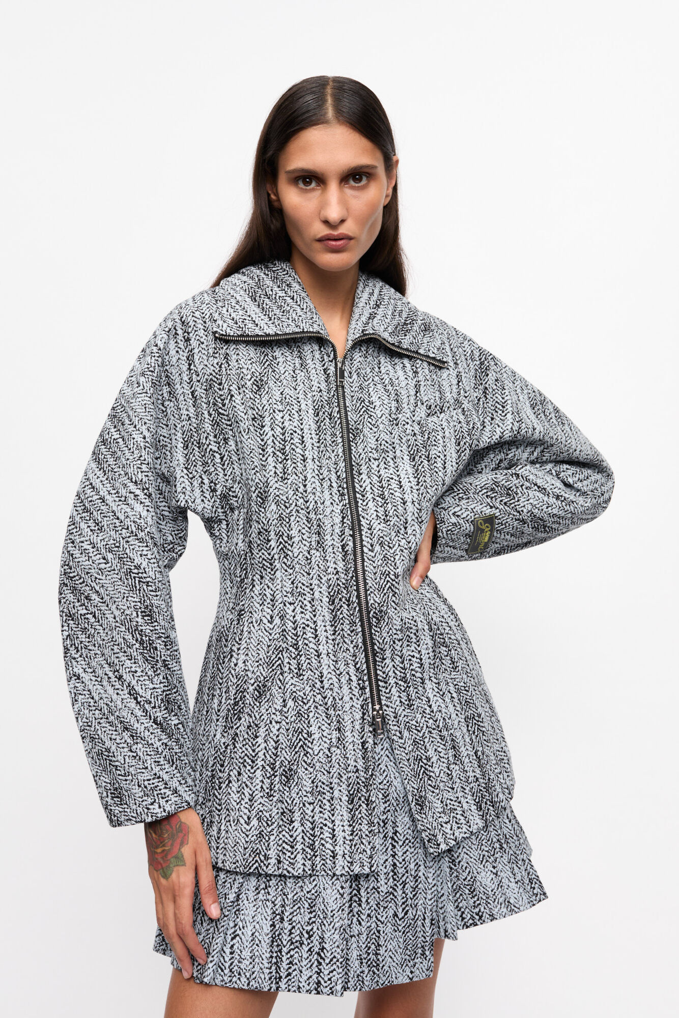Blue Cotton Tweed Curve Sleeve Jacket, Cotton, in colour Celestial Blue - 1 - GANNI