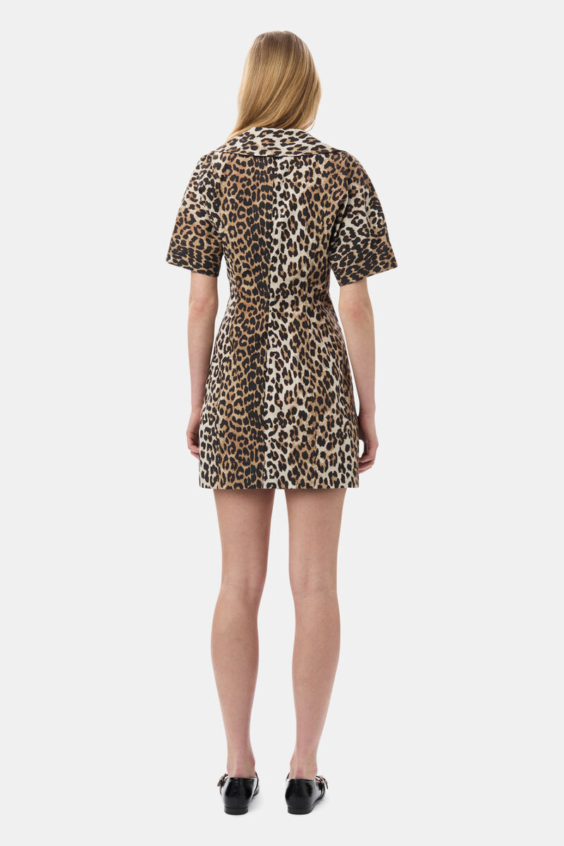 Leopard Printed Cotton Wrap Mini Dress, Cotton, in colour Leopard - 4 - GANNI