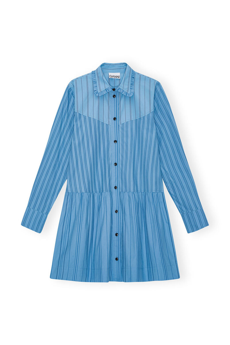 Re-cut Striped Cotton Mini Shirt Dress, Cotton, in colour Silver Lake Blue - 1 - GANNI