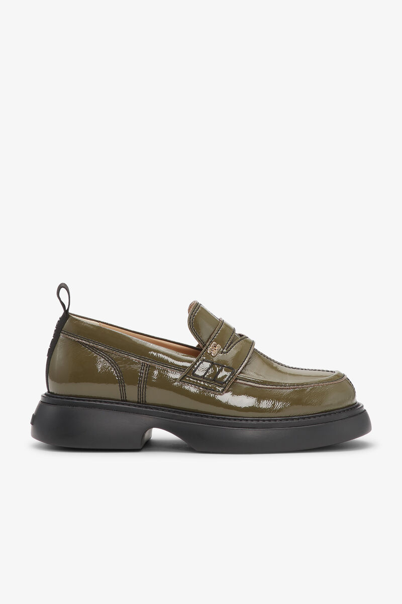 Olivgröna Naplack Loafers, Polyurethane, in colour Military Olive - 1 - GANNI