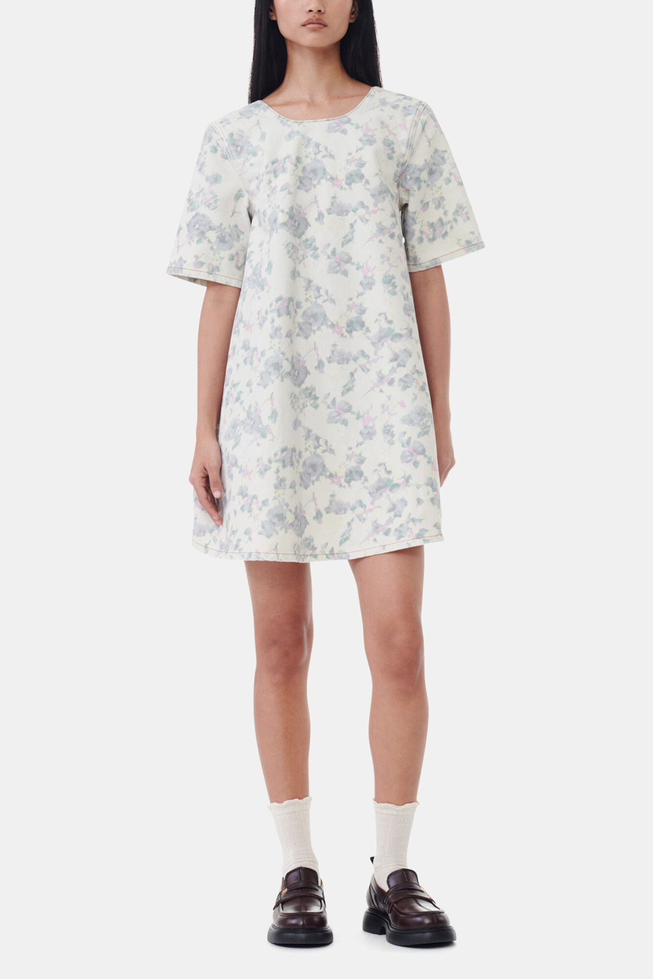 Floral Printed Denim Open Back Mini Dress | GANNI HU