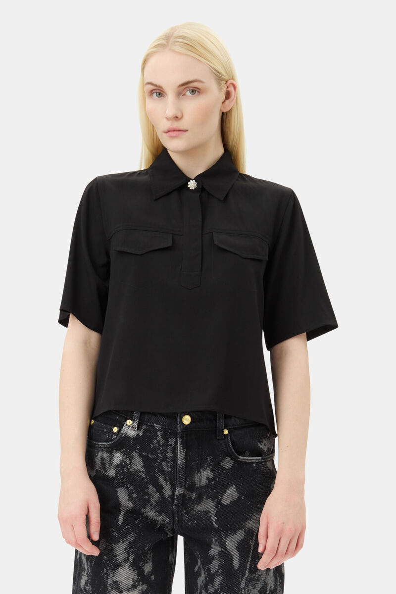 Black Viscose Twill Skjorte, LENZING™ ECOVERO™, in colour Black - 1 - GANNI
