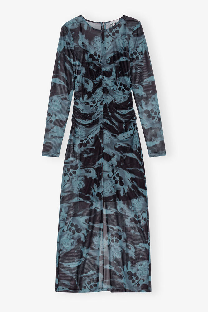 Blue Printed Mesh O-neck Ruched Long Dress, Blue Shadow