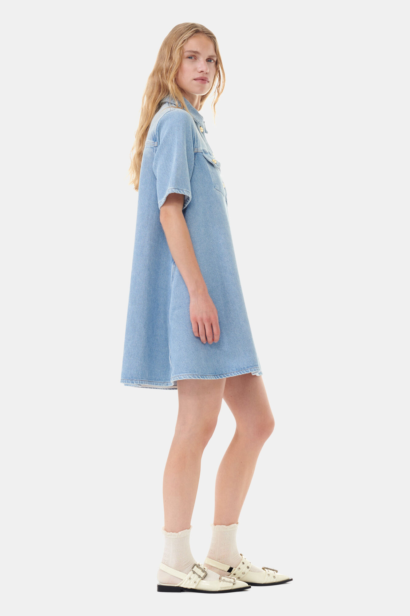 Light Blue Denim Mini Dress, Cotton, in colour Tint Wash - 3 - GANNI