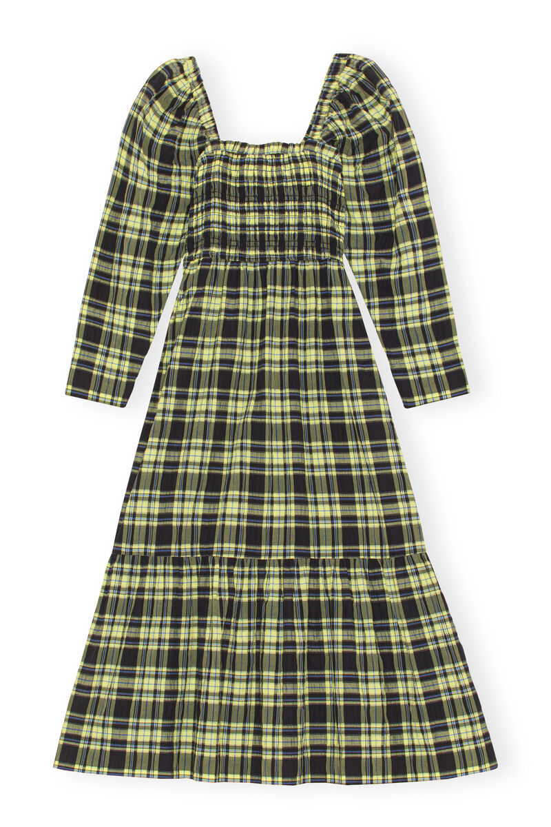 Checkered Seersucker Maxi Dress, Cotton, in colour Check Elfin Yellow - 1 - GANNI