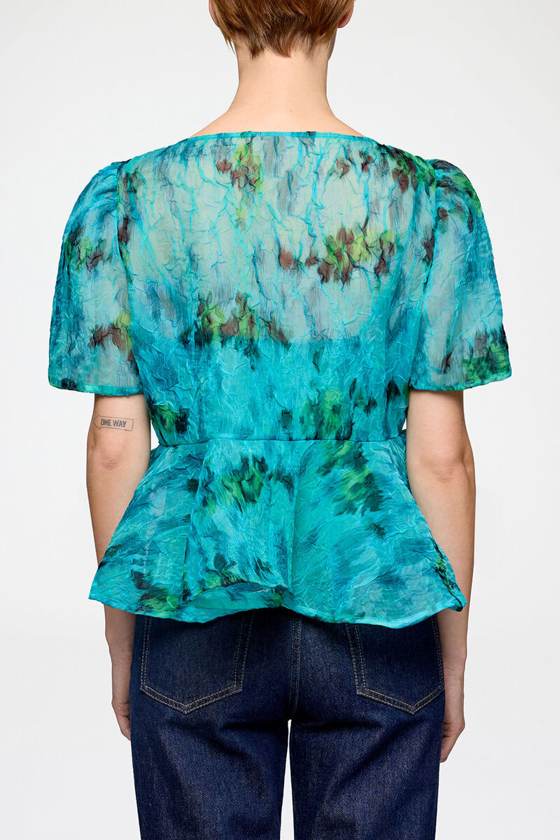 Peplum Blouse in Shibori Organza, Recycled Polyester, in colour Baltic - 3 - GANNI