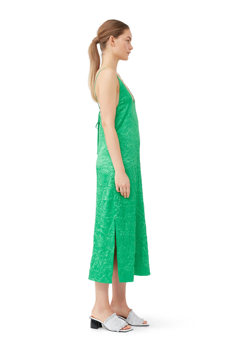Green Crinkled Satin Slip Dress, Elastane, in colour Bright Green - 3 - GANNI