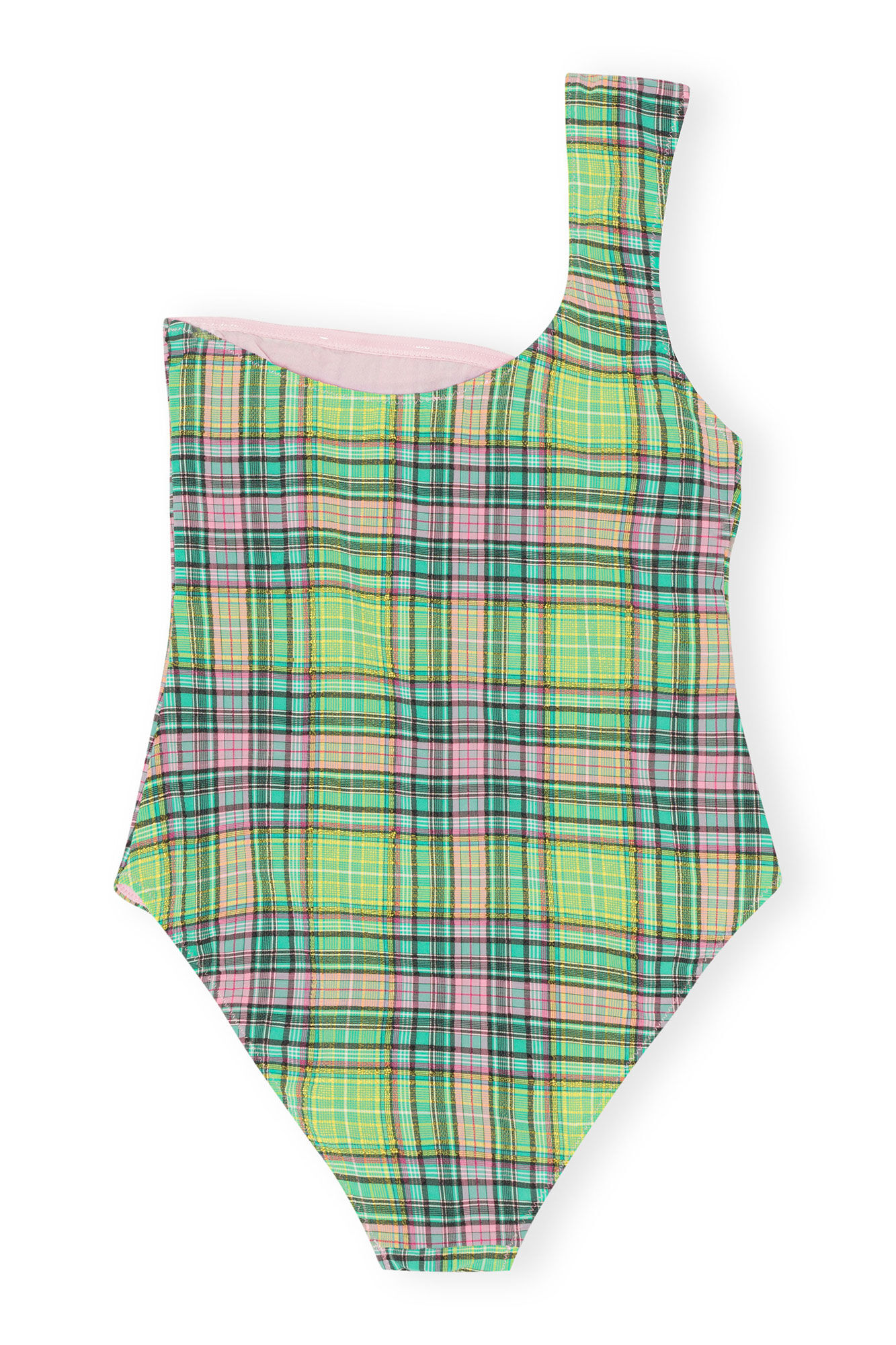Recycled Seersucker One Shoulder Swimsuit, Elastane, in colour Lagoon - 2 - GANNI