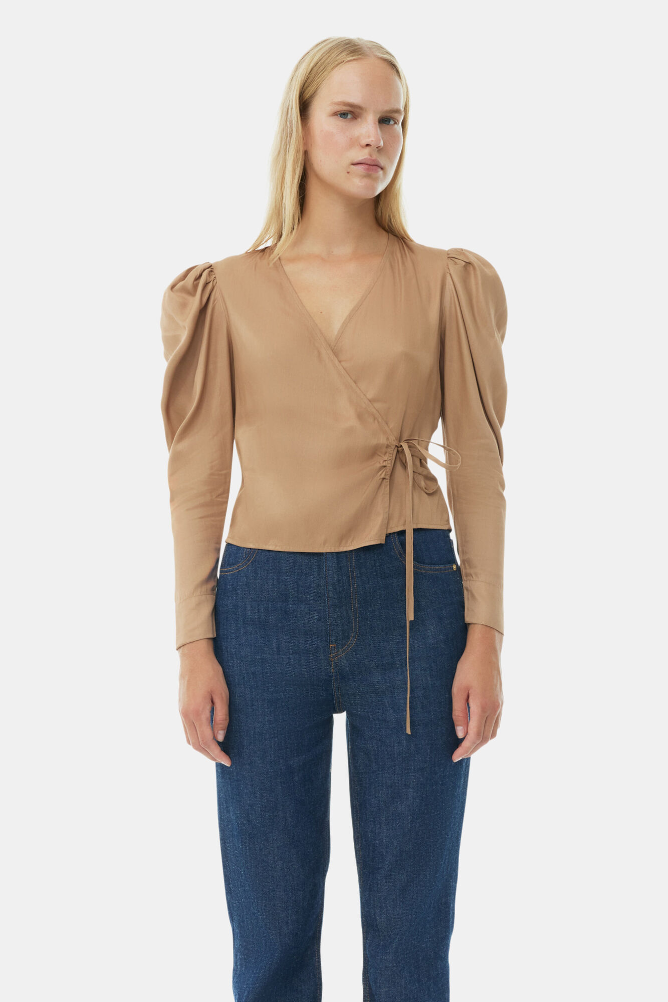 Brown Twill Wrap Blouse, Ecovero Viscose, in colour Tiger's Eye - 1 - GANNI