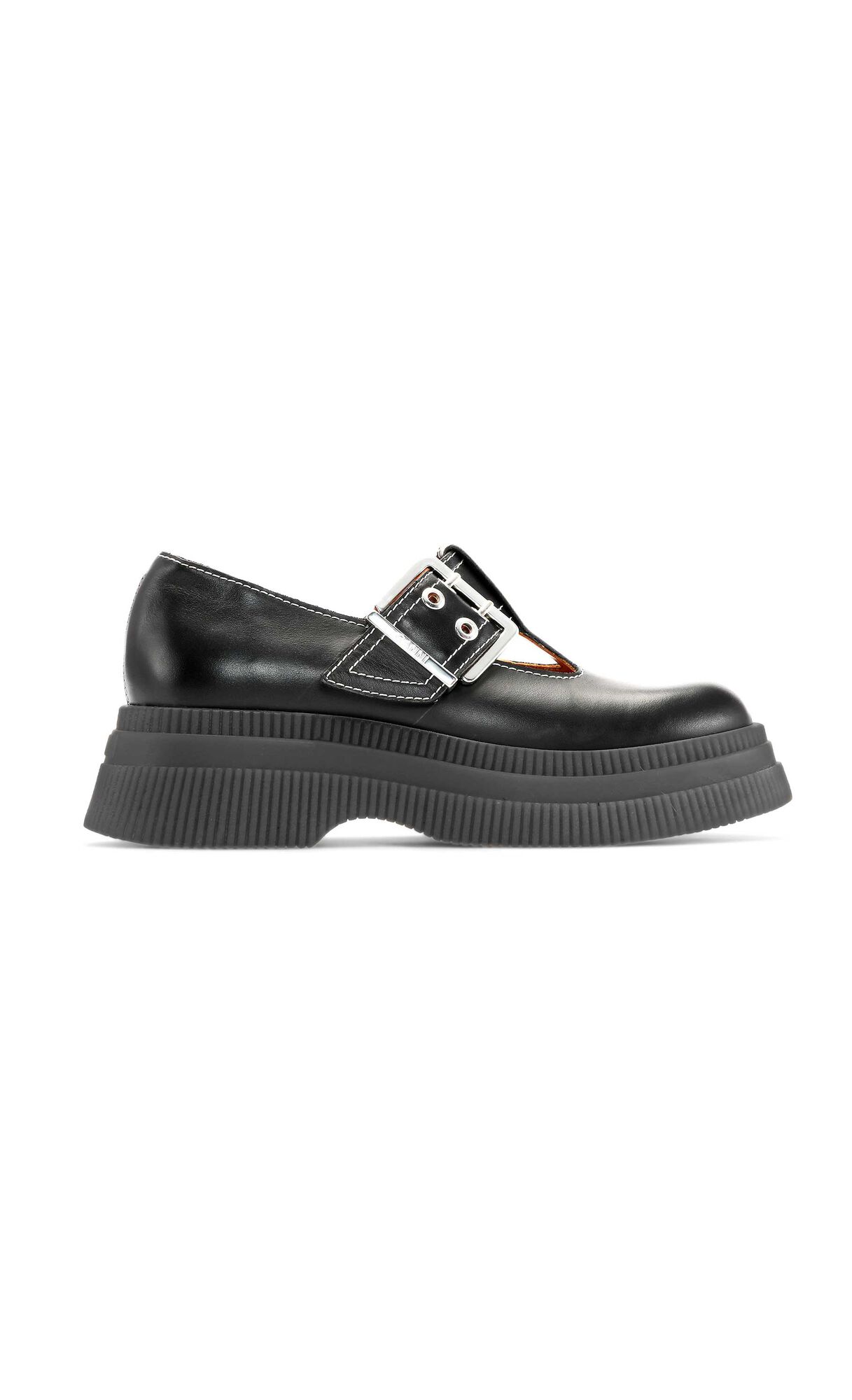 Calf Leather Creepers T-Strap, Leather, in colour Black/Black - 1 - GANNI