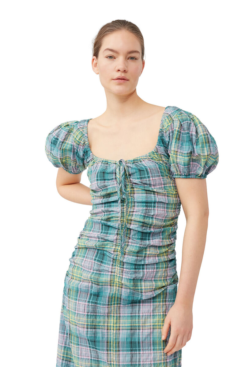 Seersucker Check Gathered U-neck Midi Dress, Organic Cotton, in colour Lagoon - 4 - GANNI