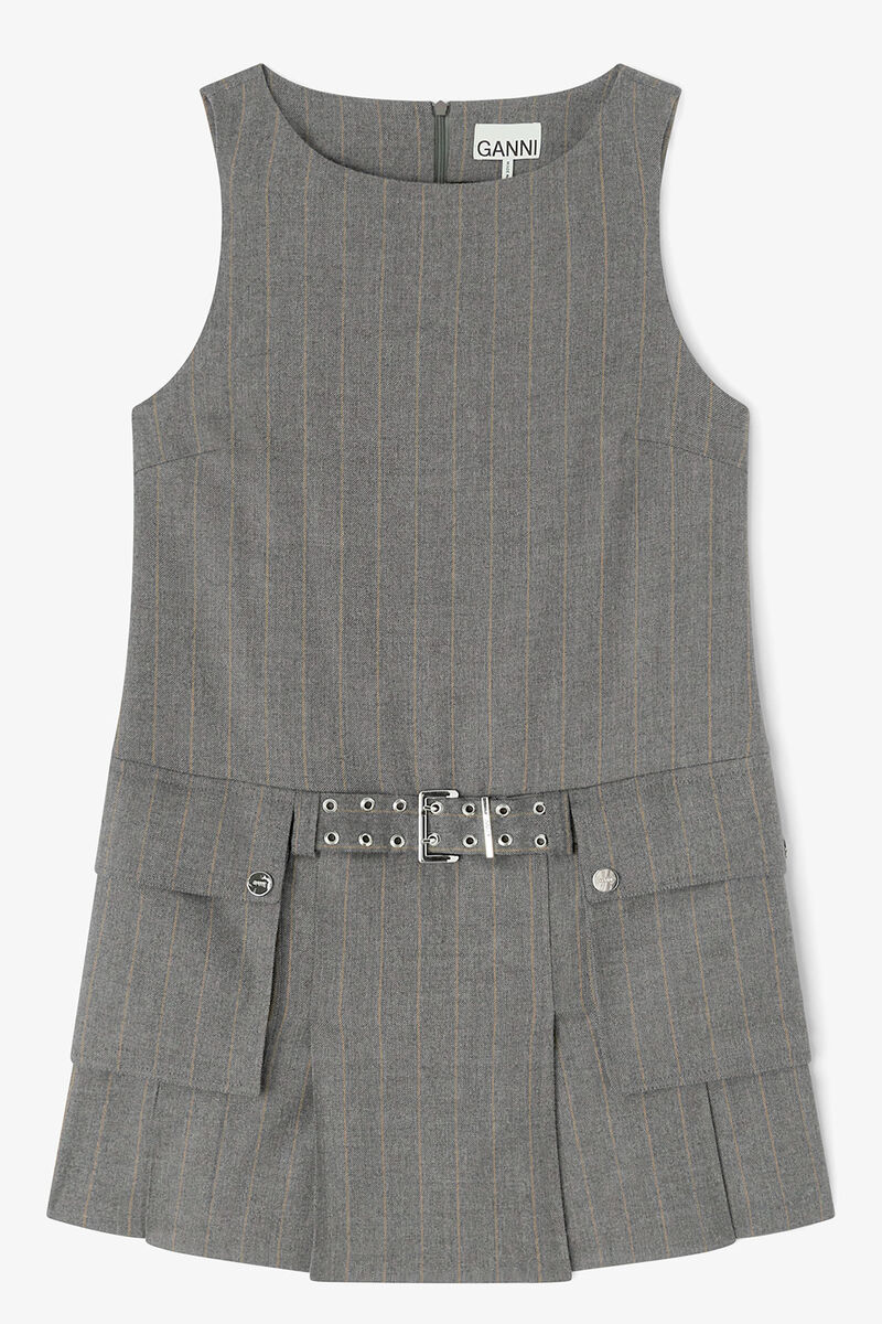 Grey Stripe Belted Mini Dress, Wool, in colour Pewter Melange - 1 - GANNI