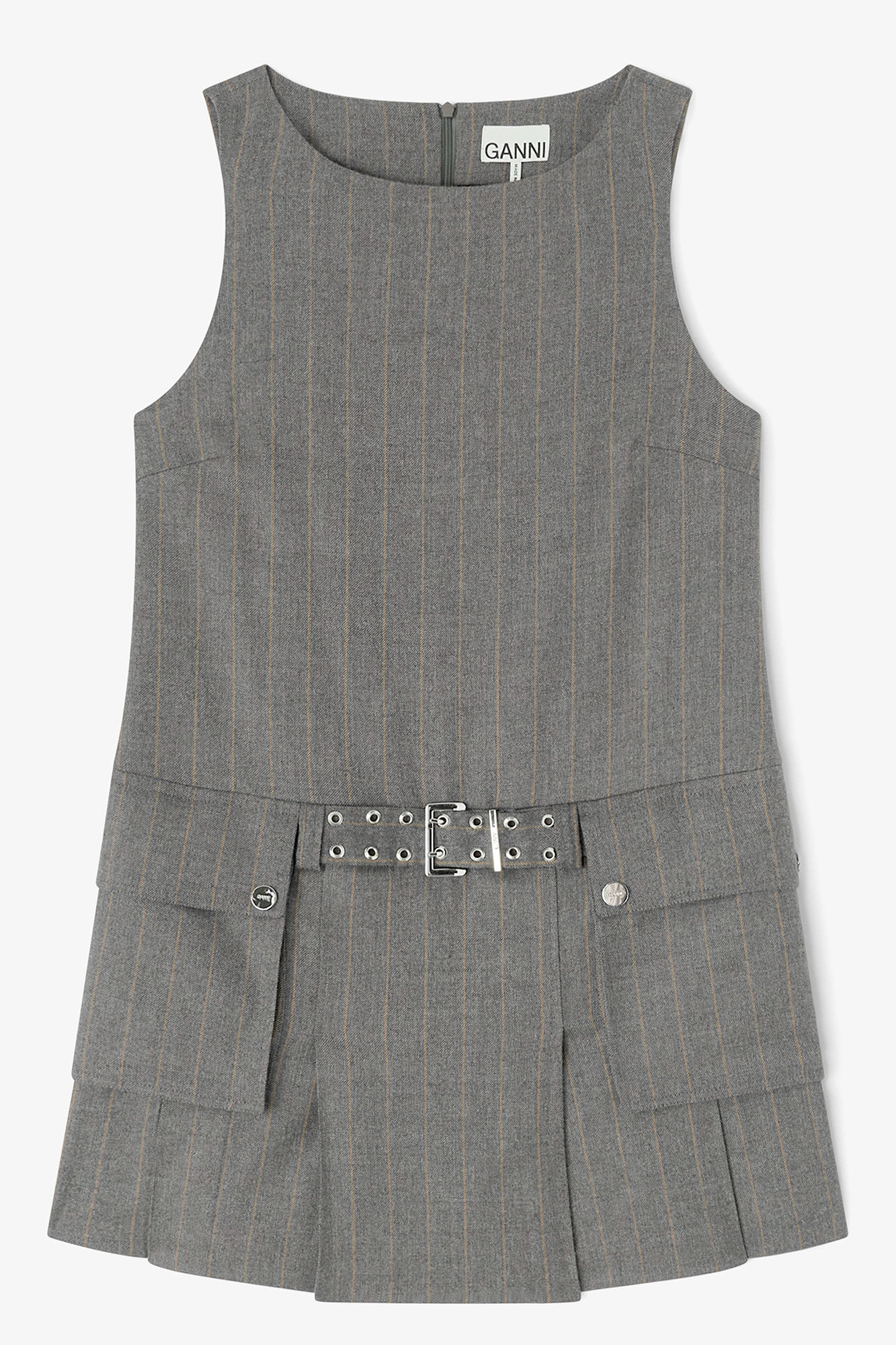 Grey Stripe Belted Mini Dress, Wool, in colour Pewter Melange - 1 - GANNI