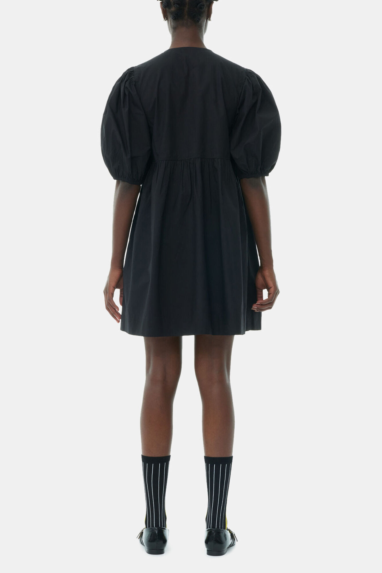 GANNI ブラック ストライプ ミニワンピース Black Black Cotton Poplin Tie String Mini Dress | GANNI (Global) JP