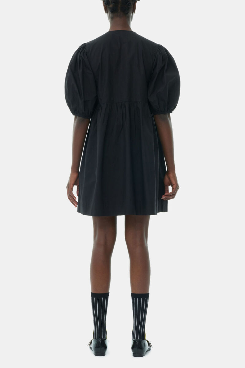 Robe courte en popeline de coton noir avec liens &agrave; nouer, Organic Cotton, in colour Black - 4 - GANNI