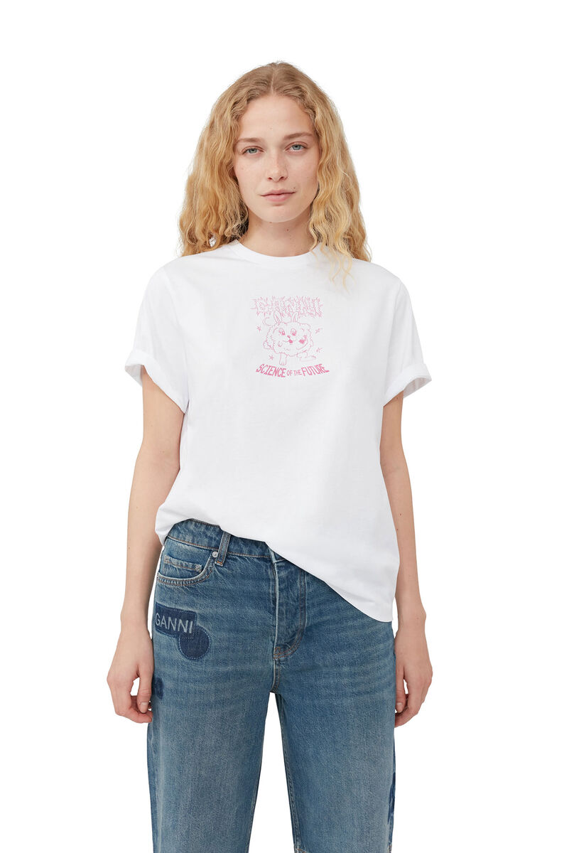 Pink Relaxed Bunny T-shirt, Cotton, in colour Bright White - 5 - GANNI