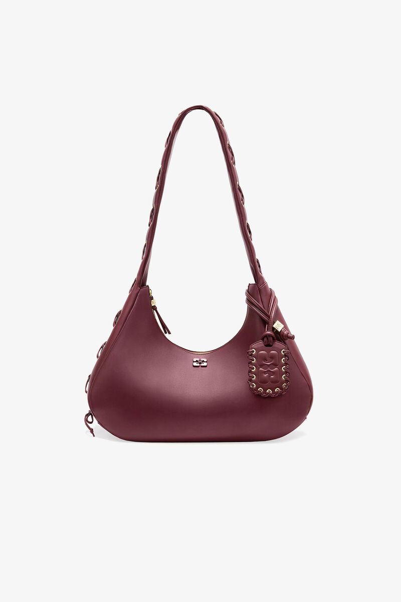 Vinröd medium hoboväska med snörning, Polyester, in colour Burgundy - 1 - GANNI