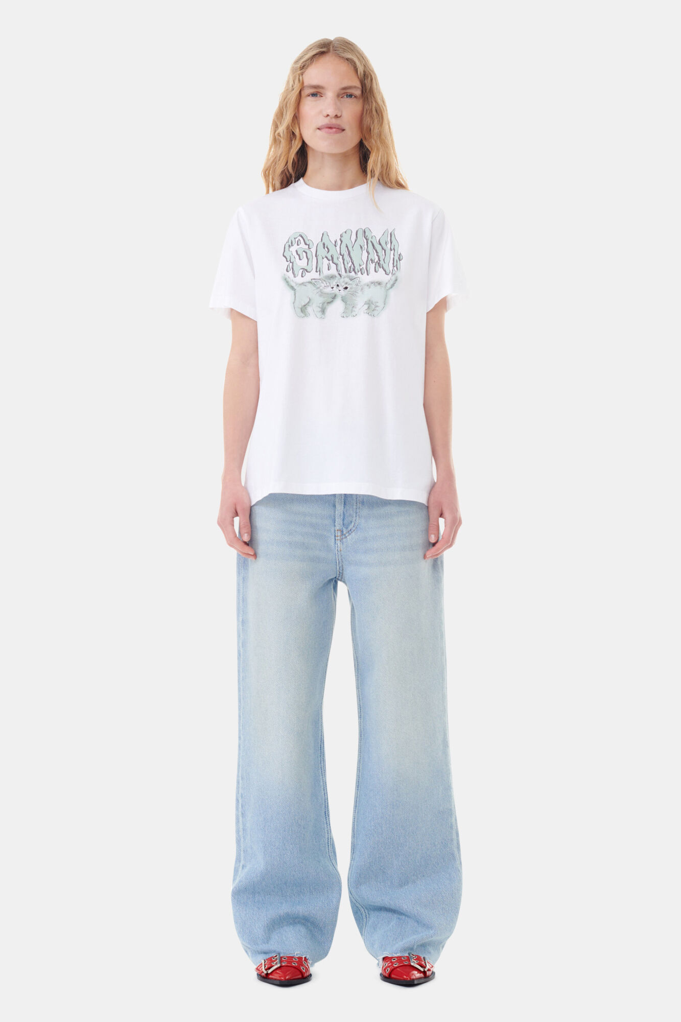 Basic Jersey Love Cats Relaxed T-shirt, Cotton, in colour Bright White - 2 - GANNI