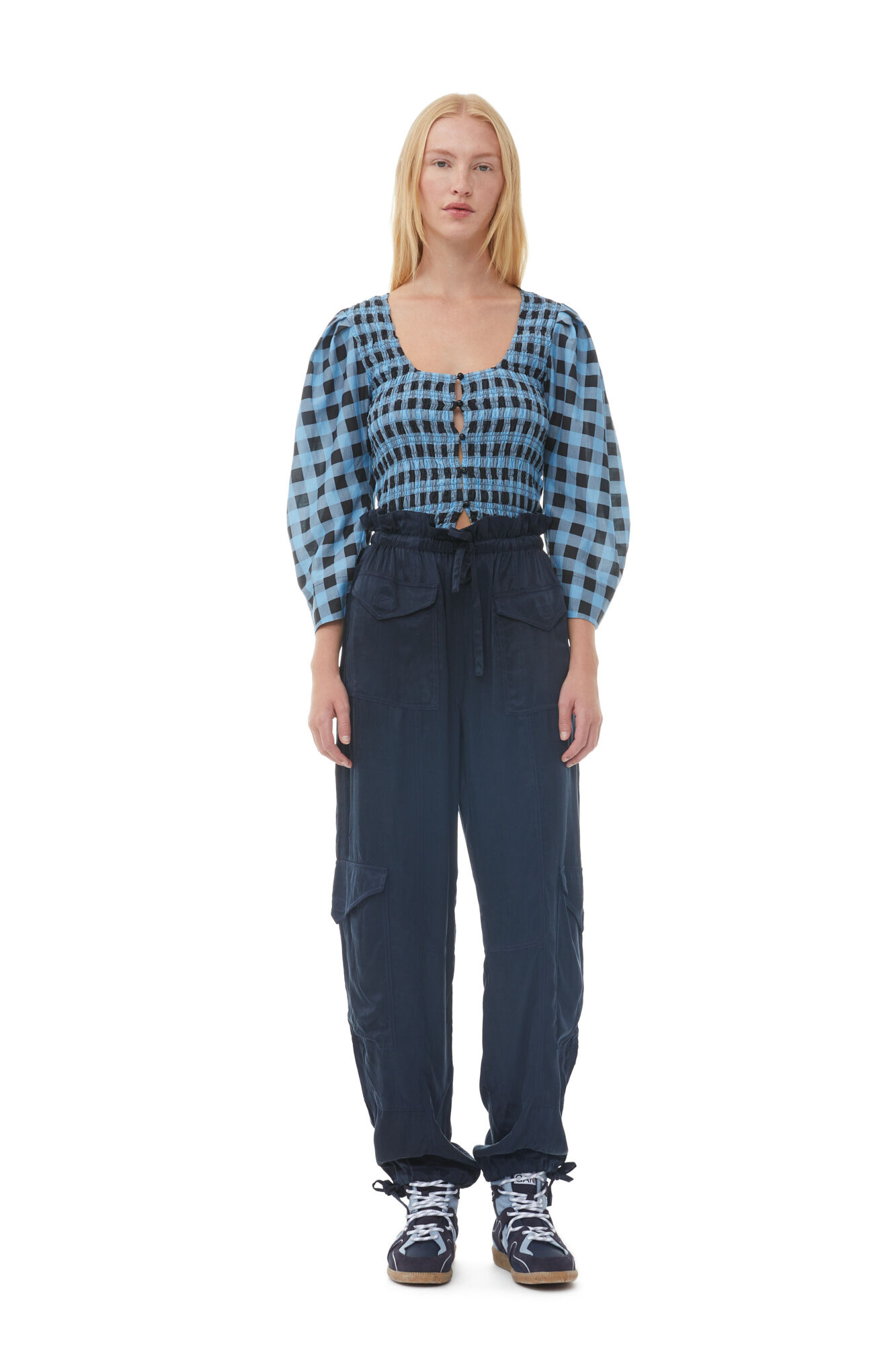 Checkered Cotton Silk Blouse, Cotton, in colour Alaskan Blue - 2 - GANNI