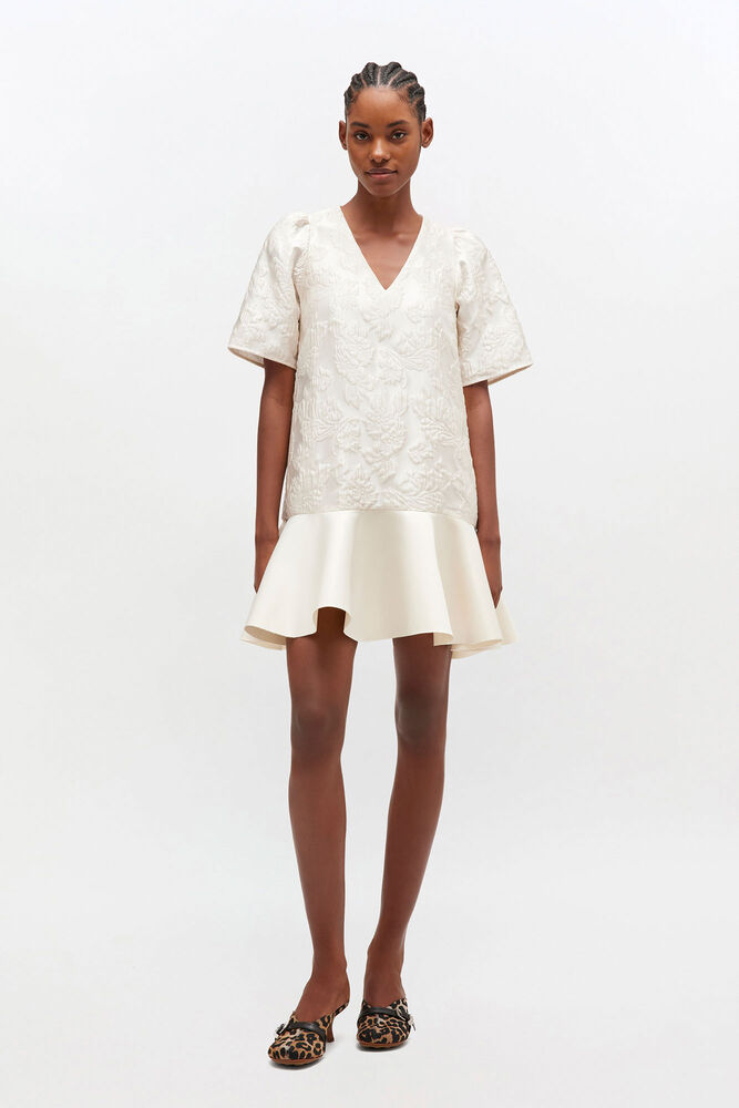 Satin Cloque Mini Dress, Egret