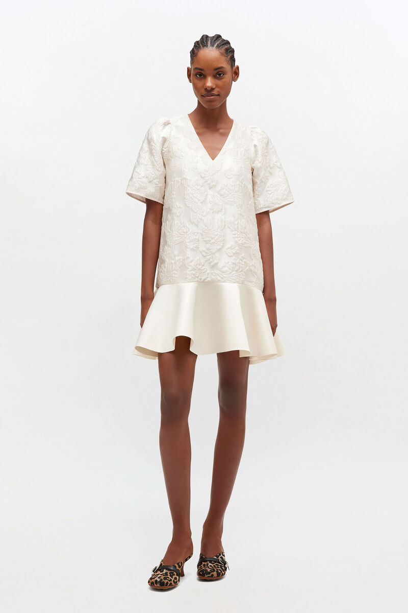 Satin Cloque Mini Dress, in colour Egret - 1 - GANNI