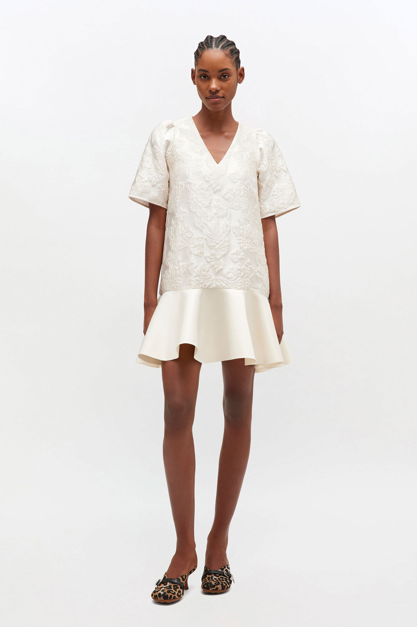 Satin Cloque Mini Dress, in colour Egret - 1 - GANNI