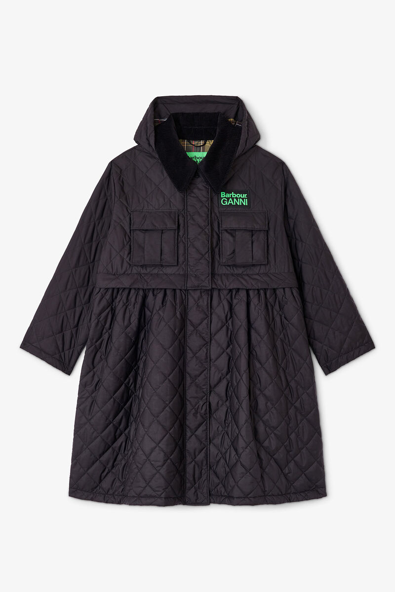 Quilted Long Coat in Black, Polyester, in colour Black - 1 - GANNI