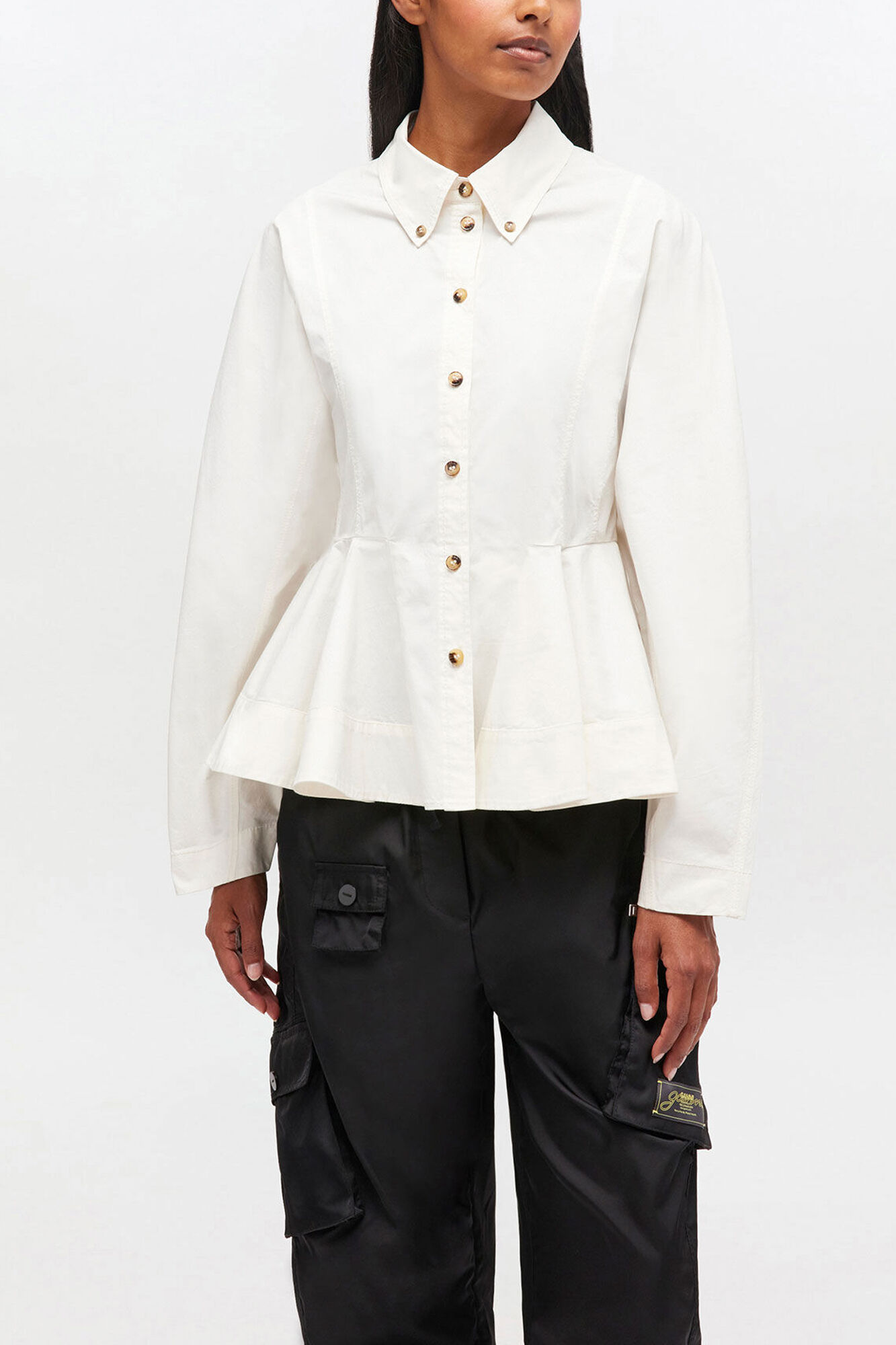 Ivory Peplum Shirt, Organic Cotton, in colour Egret - 1 - GANNI