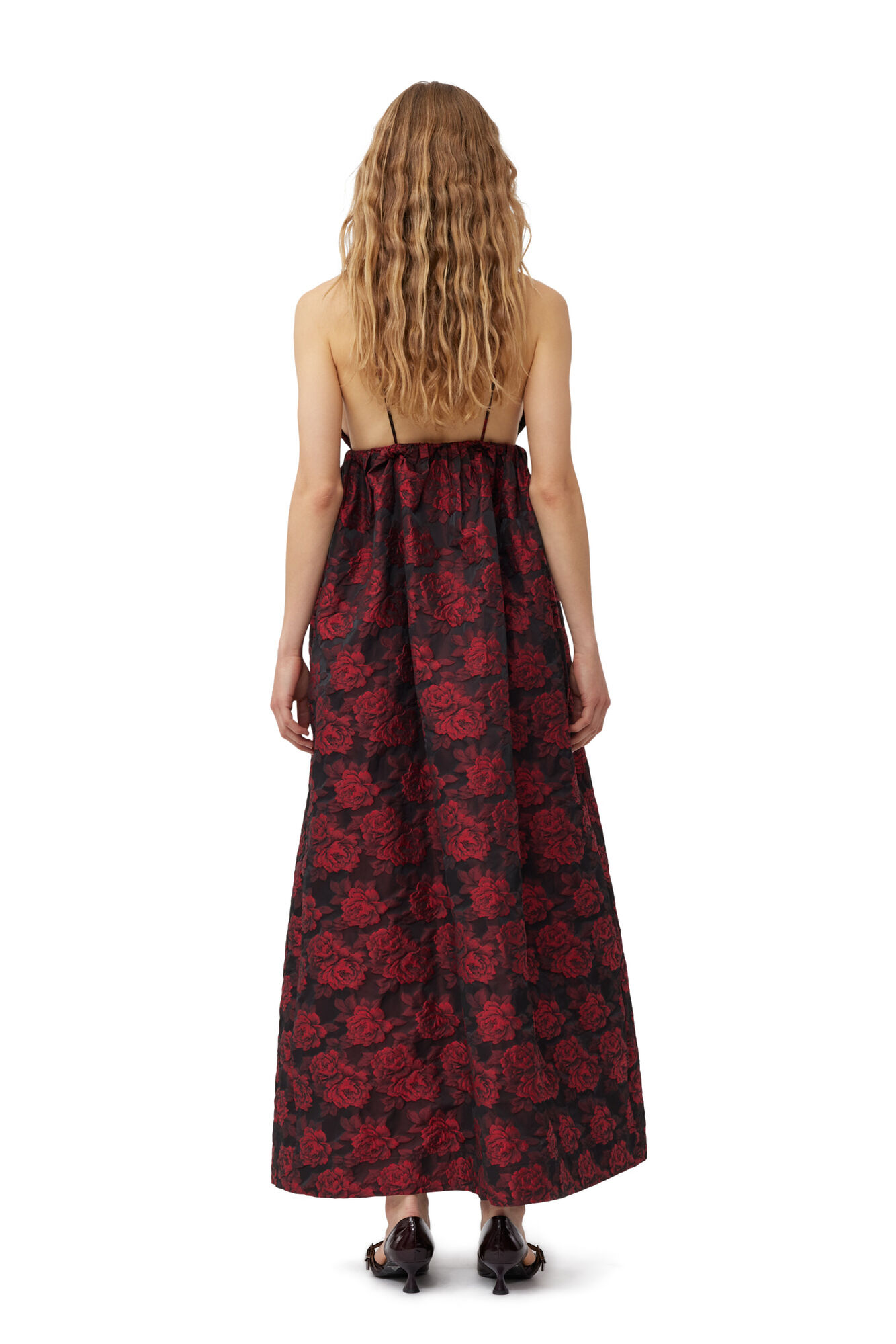 Botanical Jacquard Long Strap Dress, Polyamide, in colour High Risk Red - 2 - GANNI